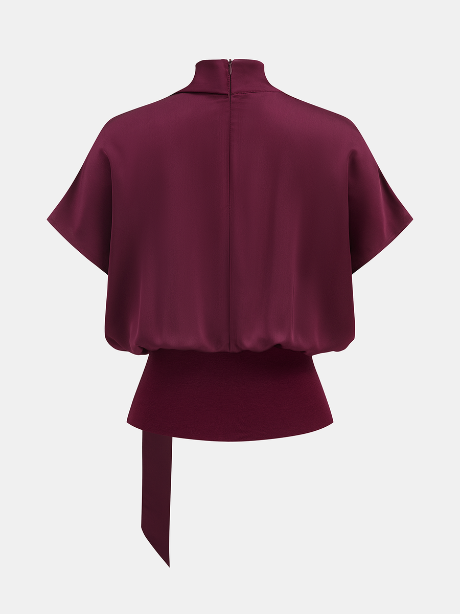 Draped Satin Mock Neck Blouse with Tie