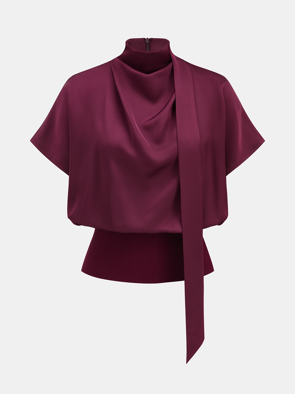 Draped Satin Mock Neck Blouse with Tie