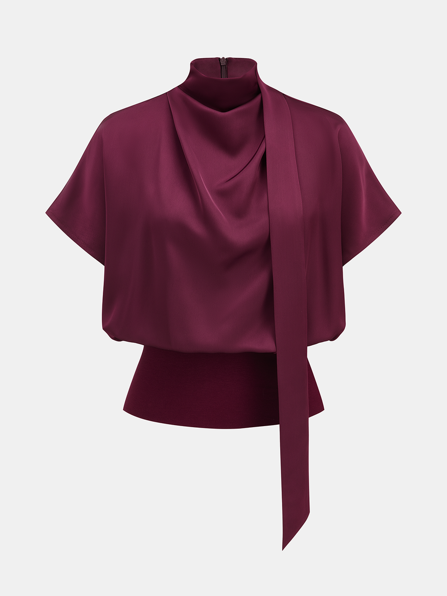 Draped Satin Mock Neck Blouse with Tie