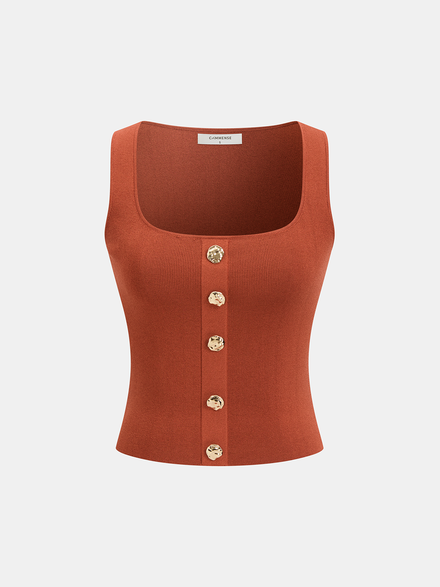 Metal Detail Square-Neck Knit Tank Top