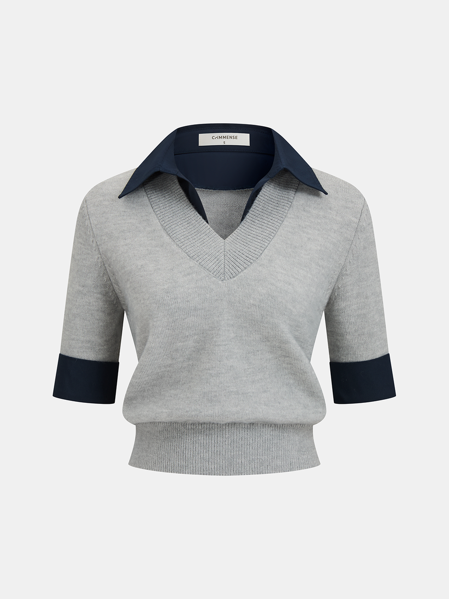 Contrast Collar Elbow Sleeve Knit Top