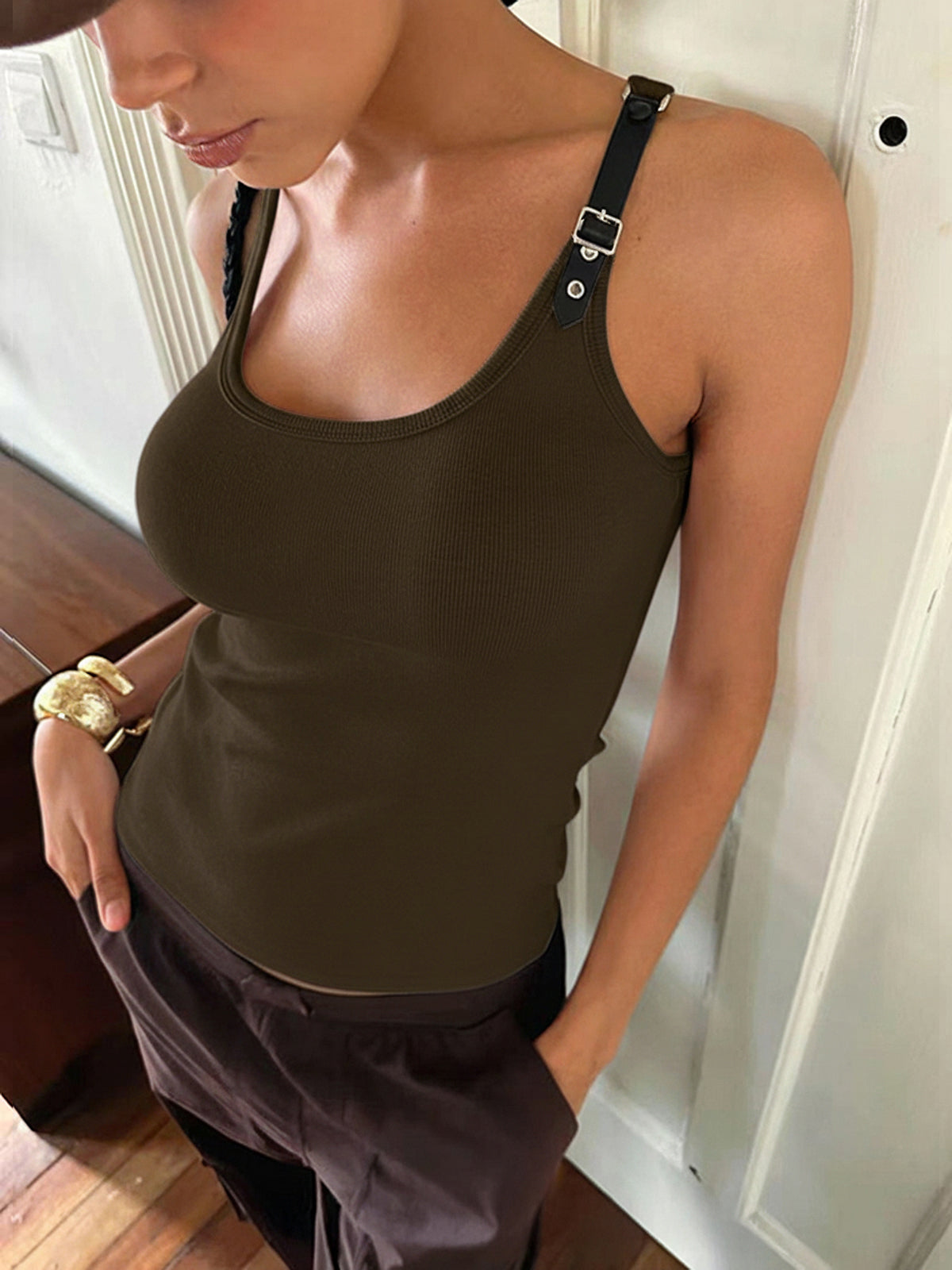 Ribbed Stretchy Faux Leather Buckle Vintage Tank Top