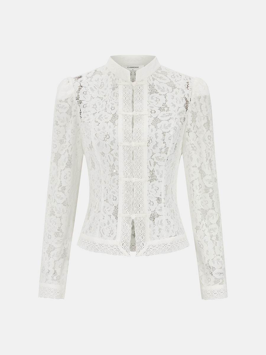 Frog Closure Lace Mandarin Collar Blouse