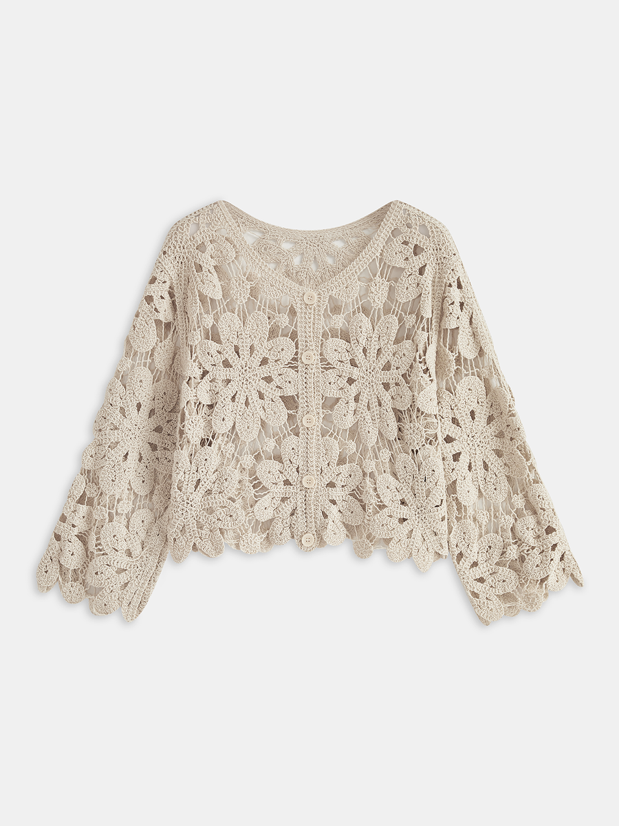 Cropped Floral Crochet Cardigan