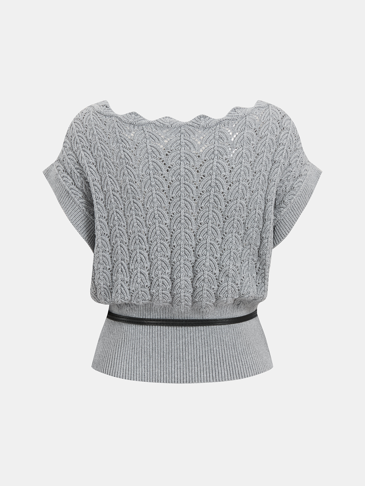 Scalloped Neck Belted Knit Top