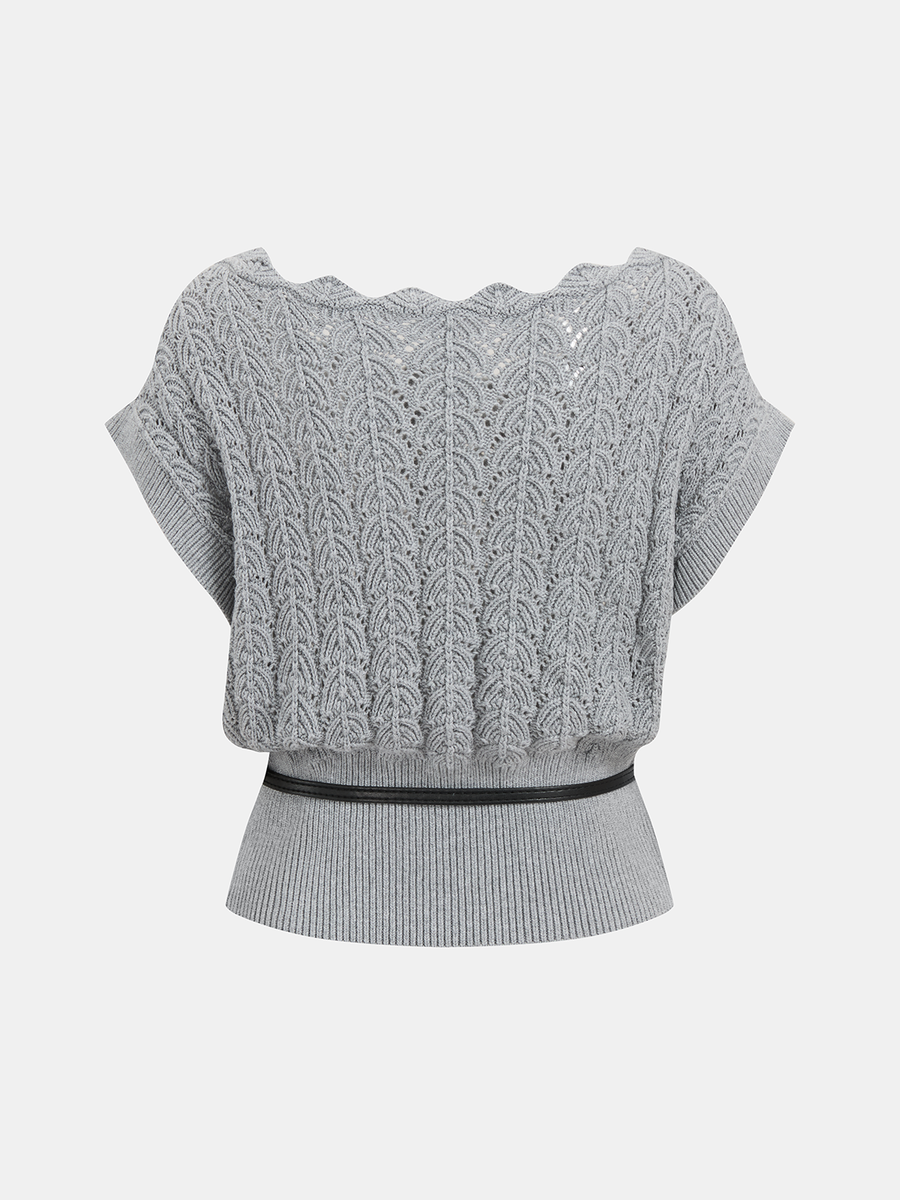 Scalloped Neck Belted Knit Top