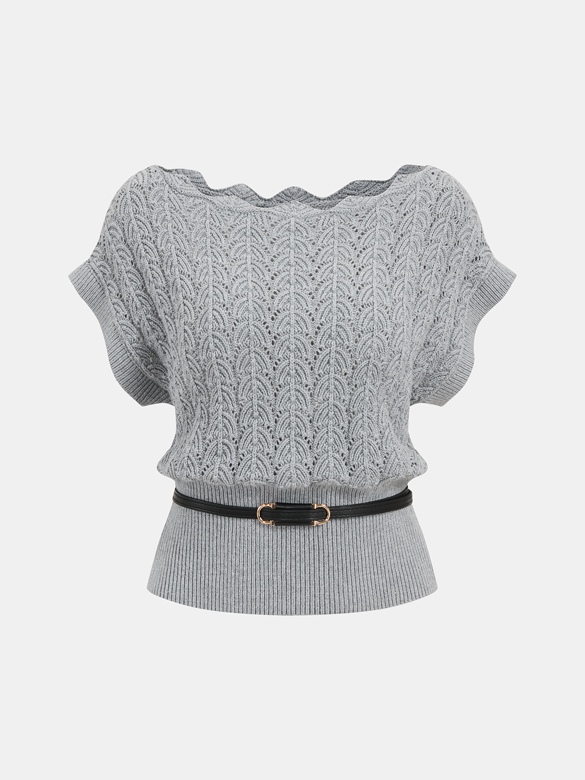 Scalloped Neck Belted Knit Top