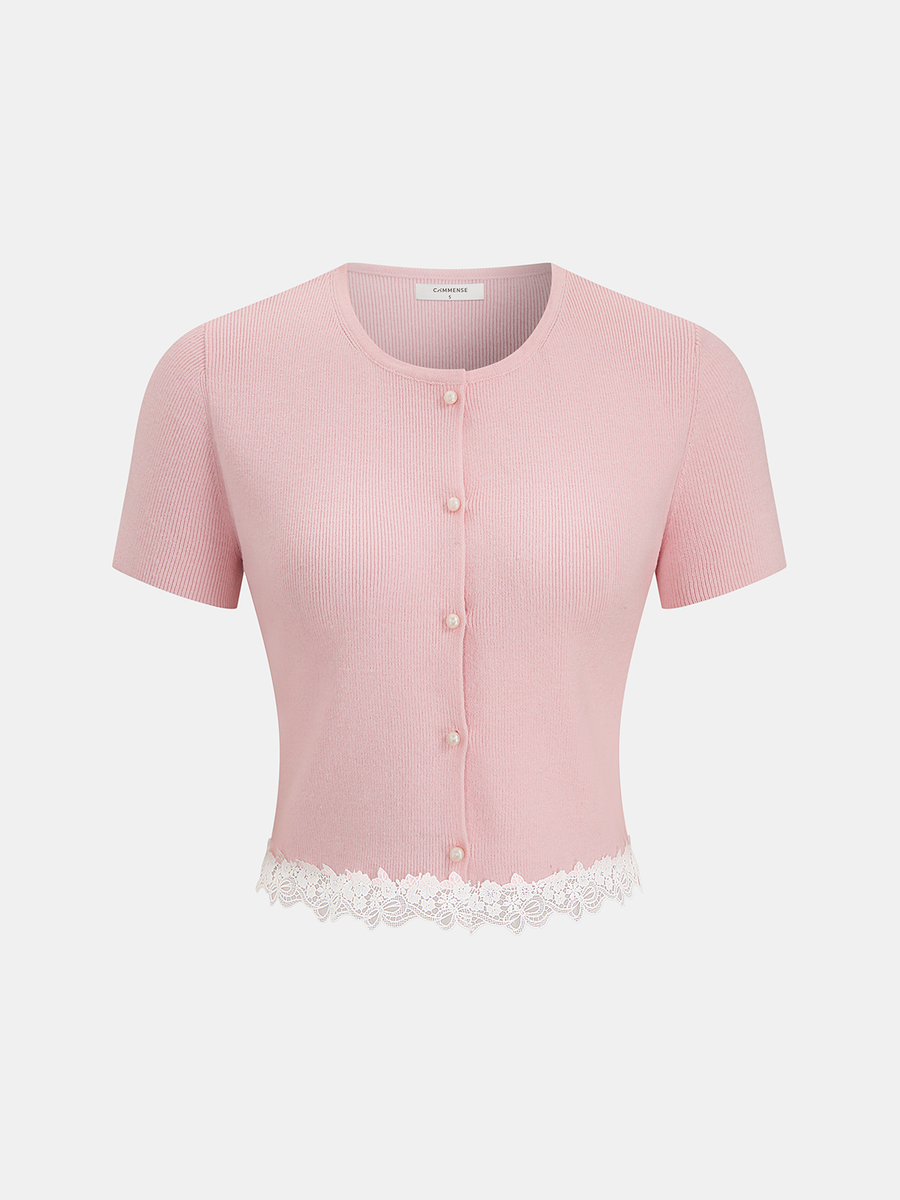 Ribbed Lace-Trim Short-Sleeve Cardigan