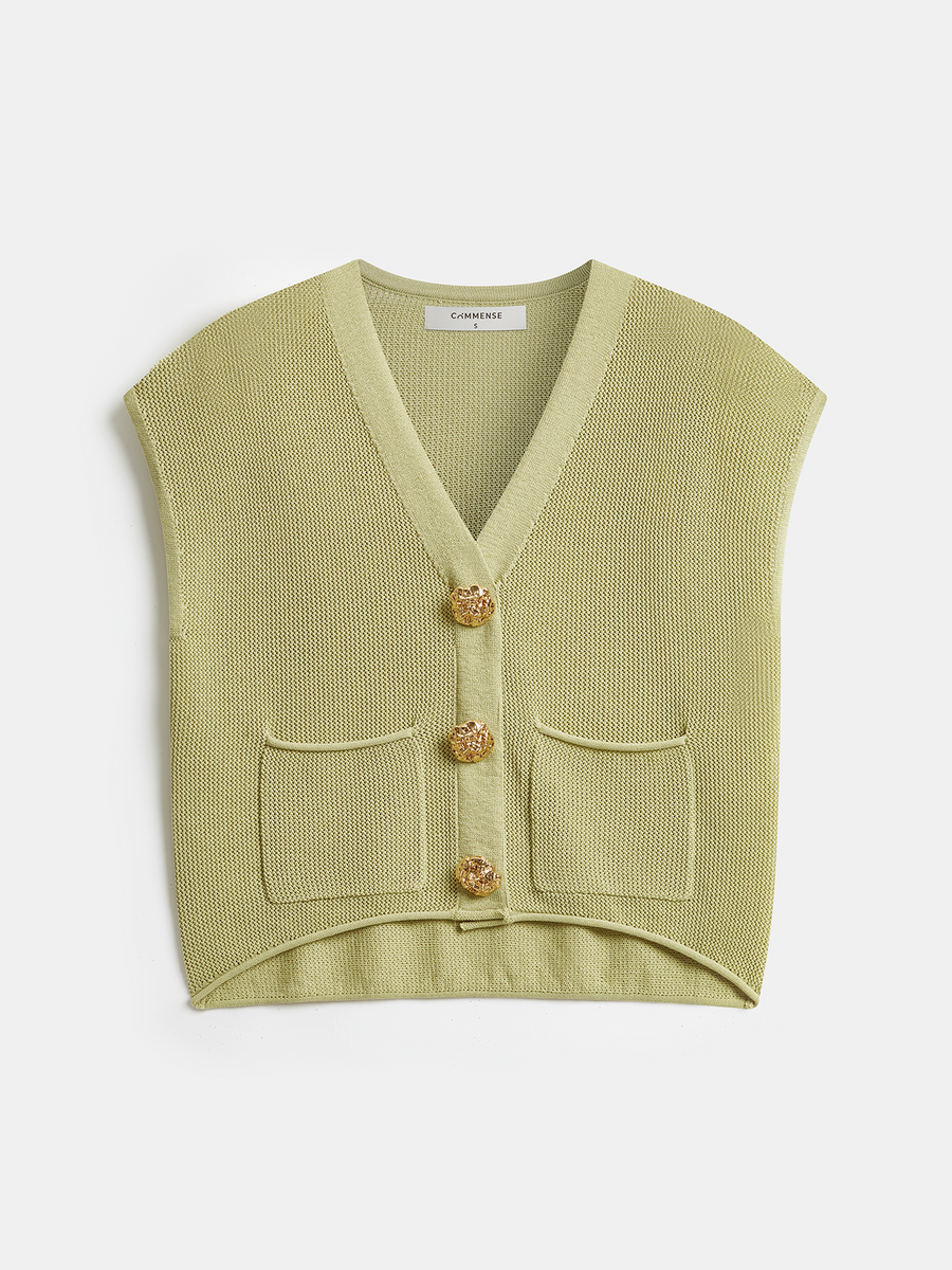 Embossed Button Sleeveless Knit Vest