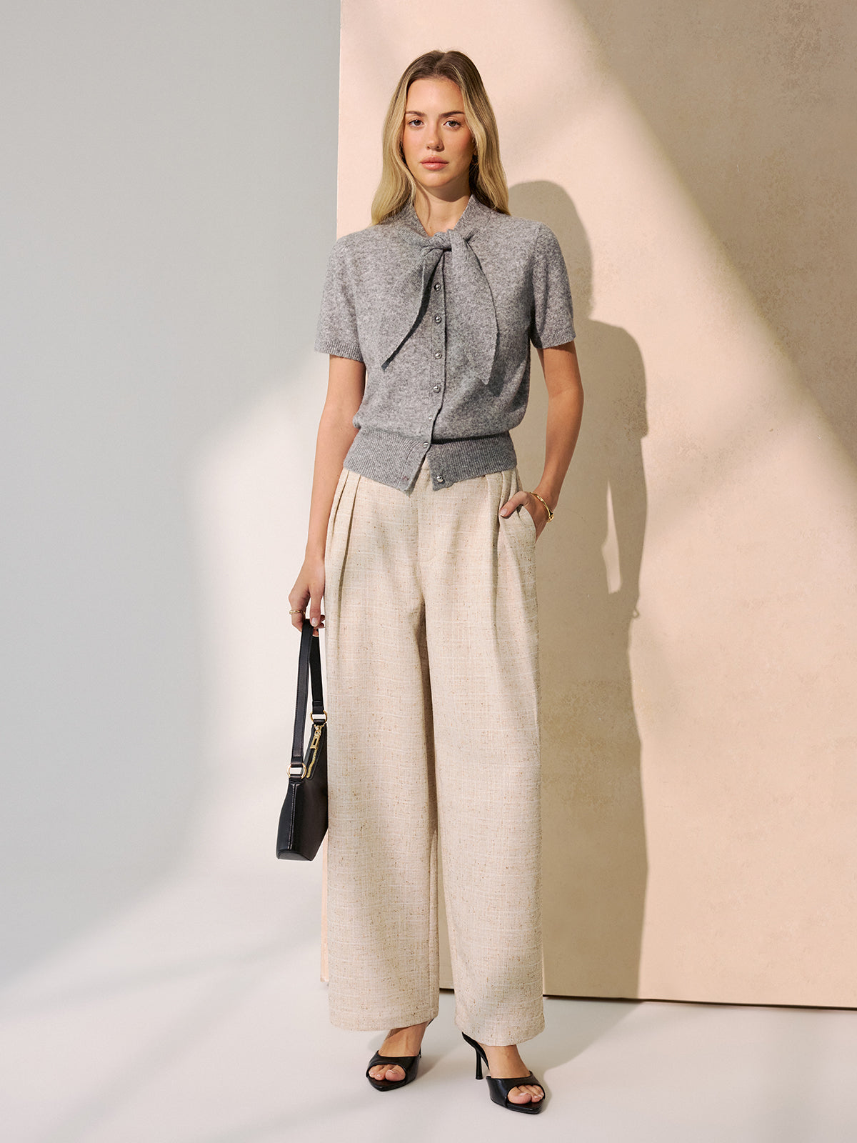 Tie-Neck Wool-Blend Short-Sleeve Cardigan