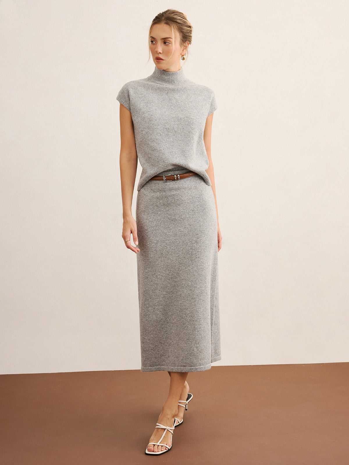 Mock Neck Knit Top & Midi Skirt Set without Belt