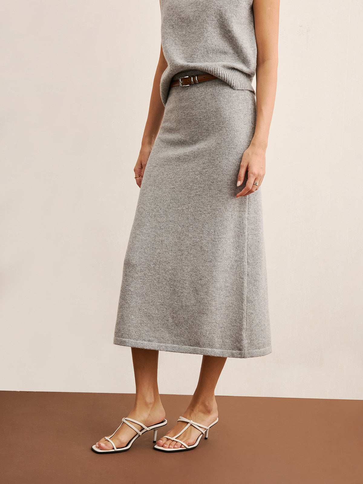 Mock Neck Knit Top & Midi Skirt Set without Belt