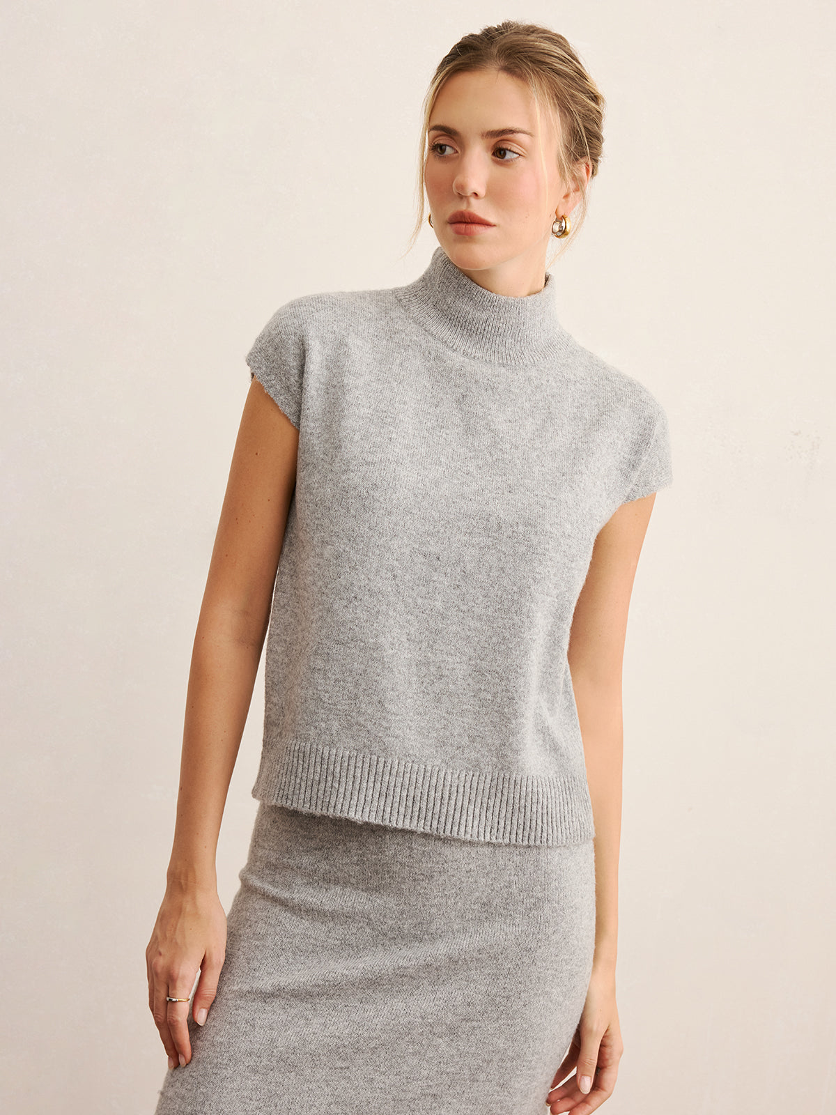Mock Neck Knit Top & Midi Skirt Set without Belt