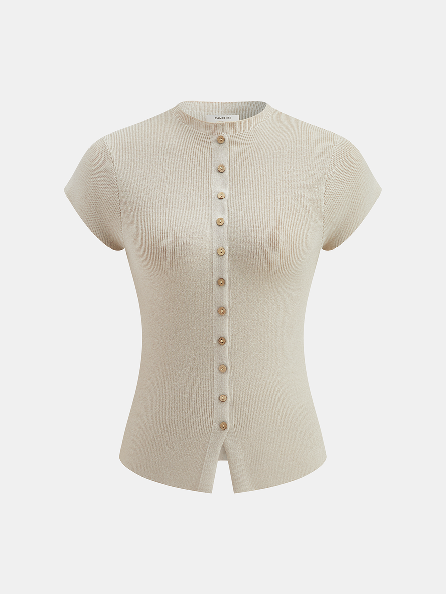 Button Front Short Sleeve Knit Cardigan