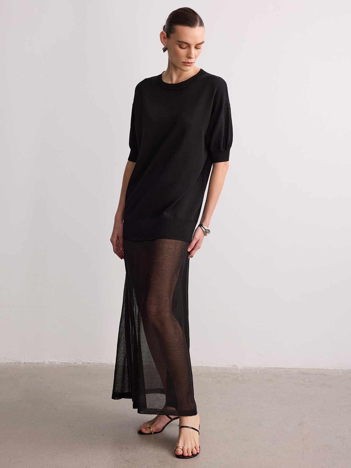 Short Sleeve Sheer Hem Knit Maxi Dress
