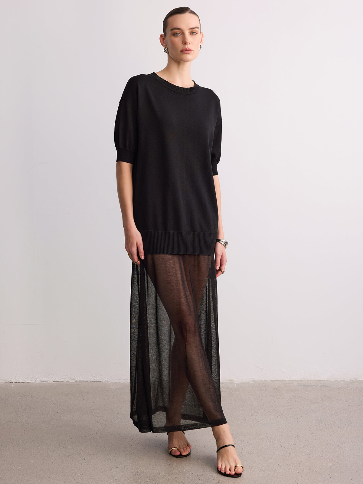 Short Sleeve Sheer Hem Knit Maxi Dress
