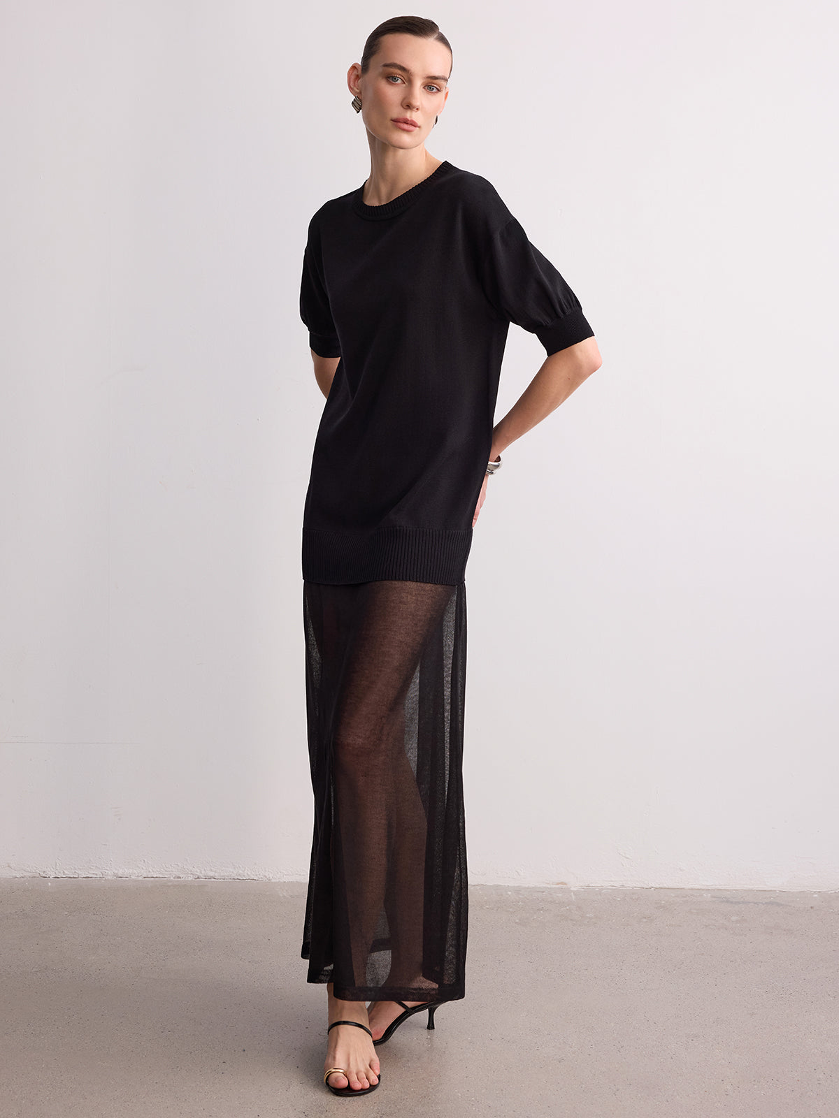 Short Sleeve Sheer Hem Knit Maxi Dress