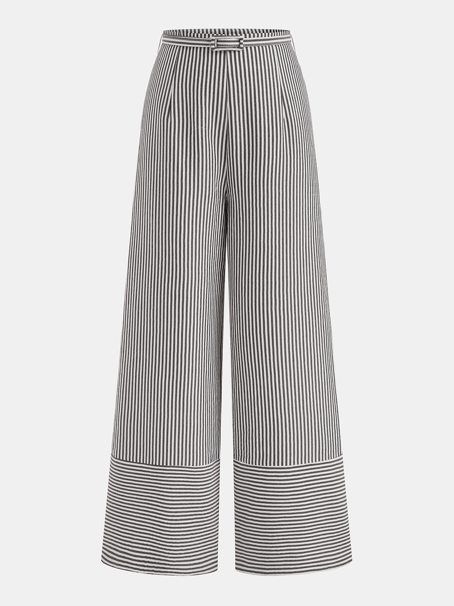 Belted Striped Wide-Leg Pants