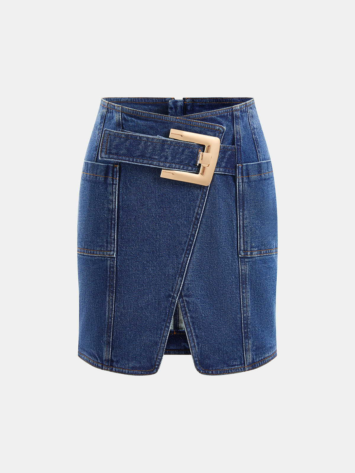 Buckle Detail Asymmetrical Denim Mini Skirt
