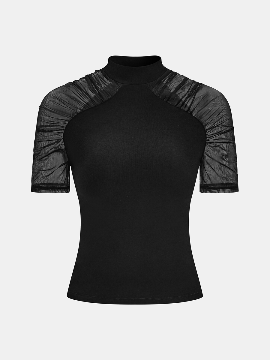 Mock Neck Mesh Sleeve Knit Top