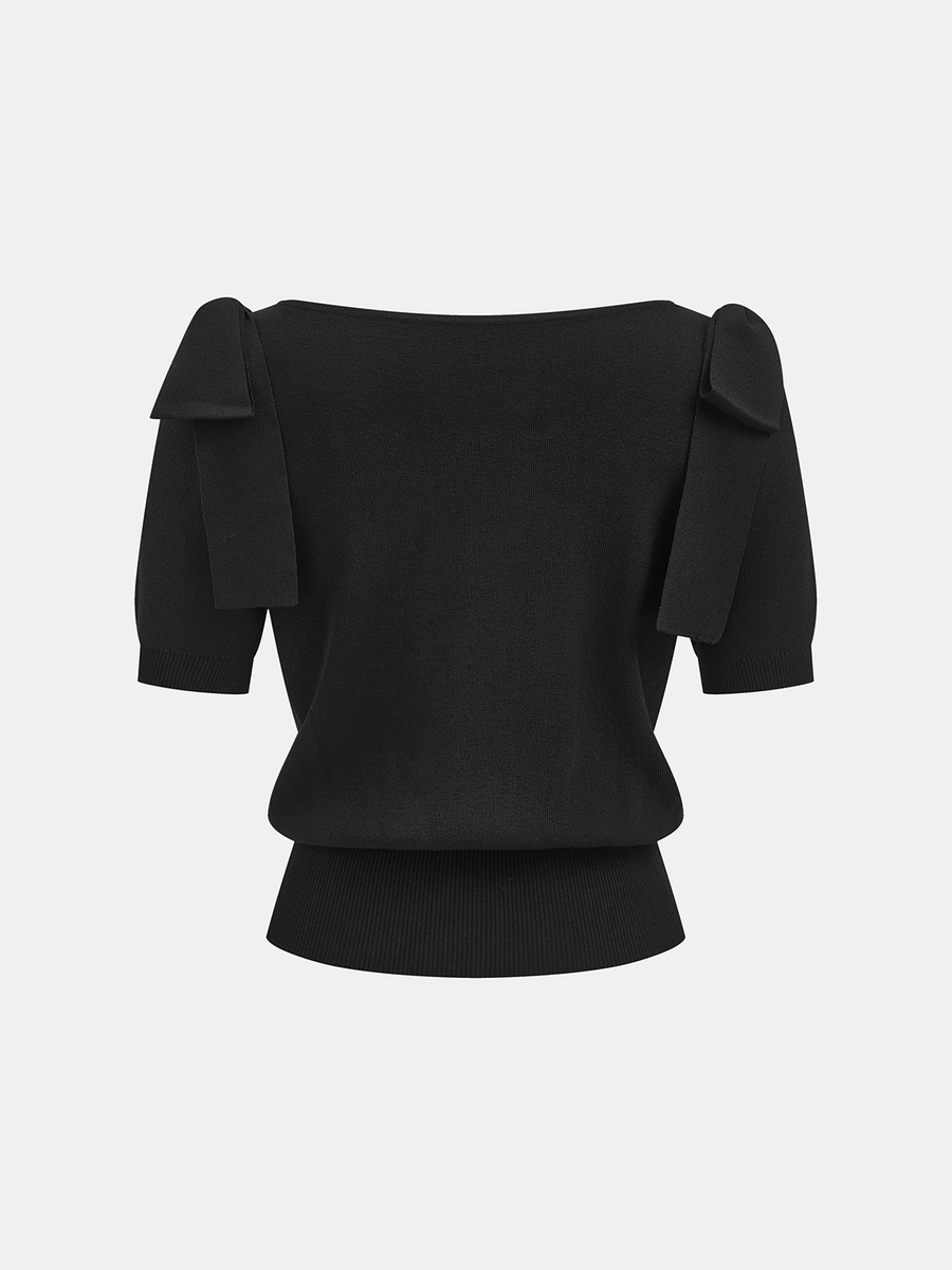 Bow Shoulder Short Sleeve Knit Sweater