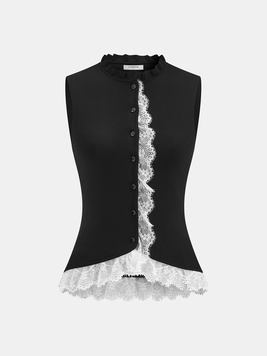 Lace Trim Button Front Knit Vest