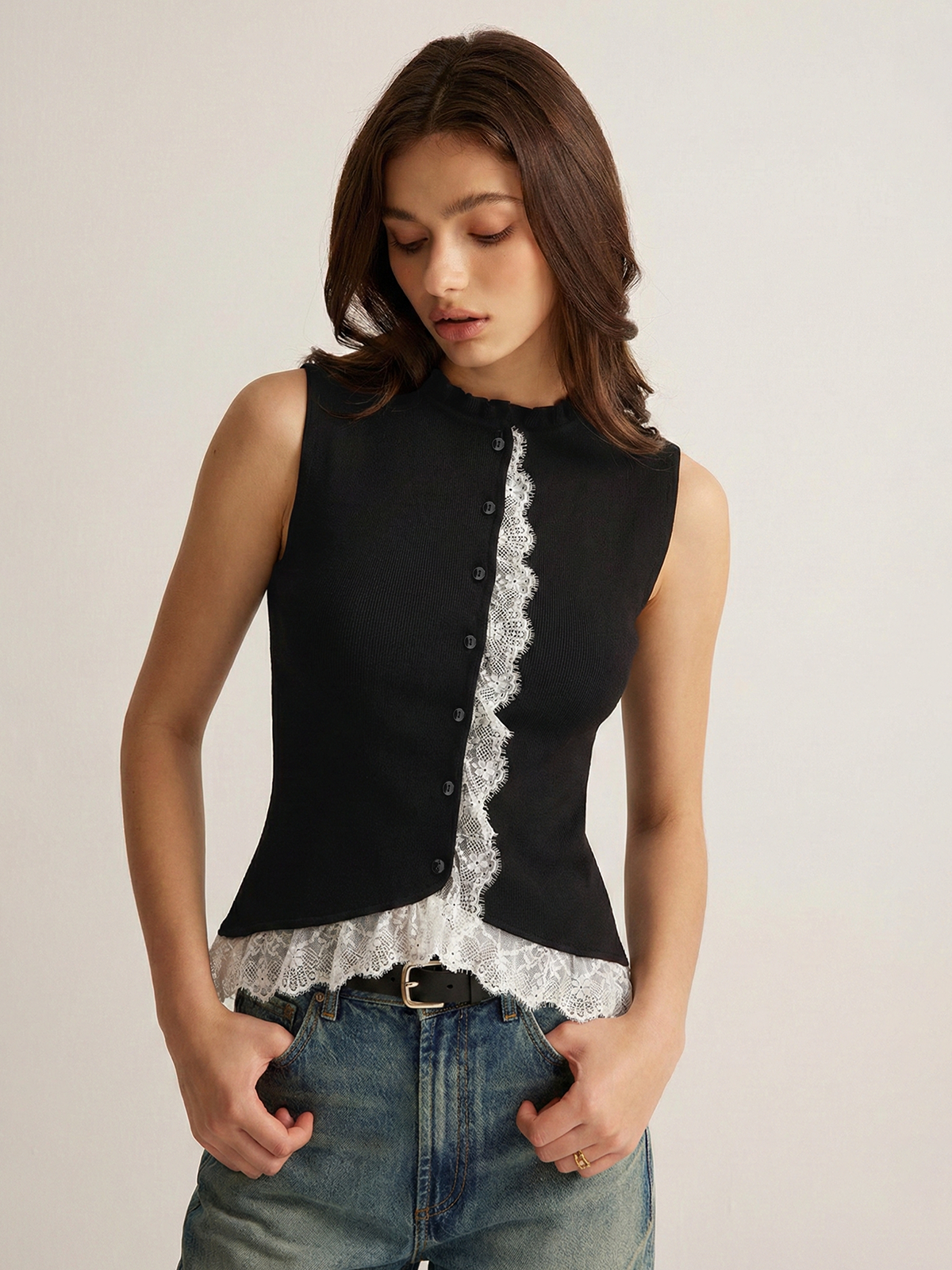 Lace Trim Button Front Knit Vest