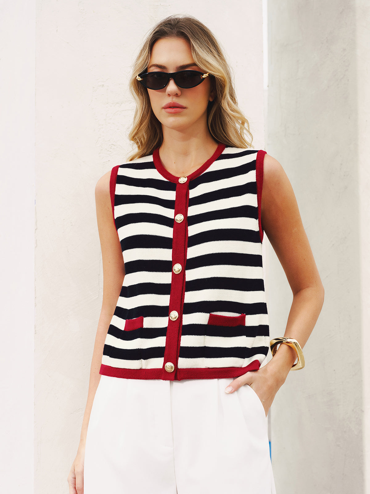 Striped Sleeveless Buttoned Sweater Vest