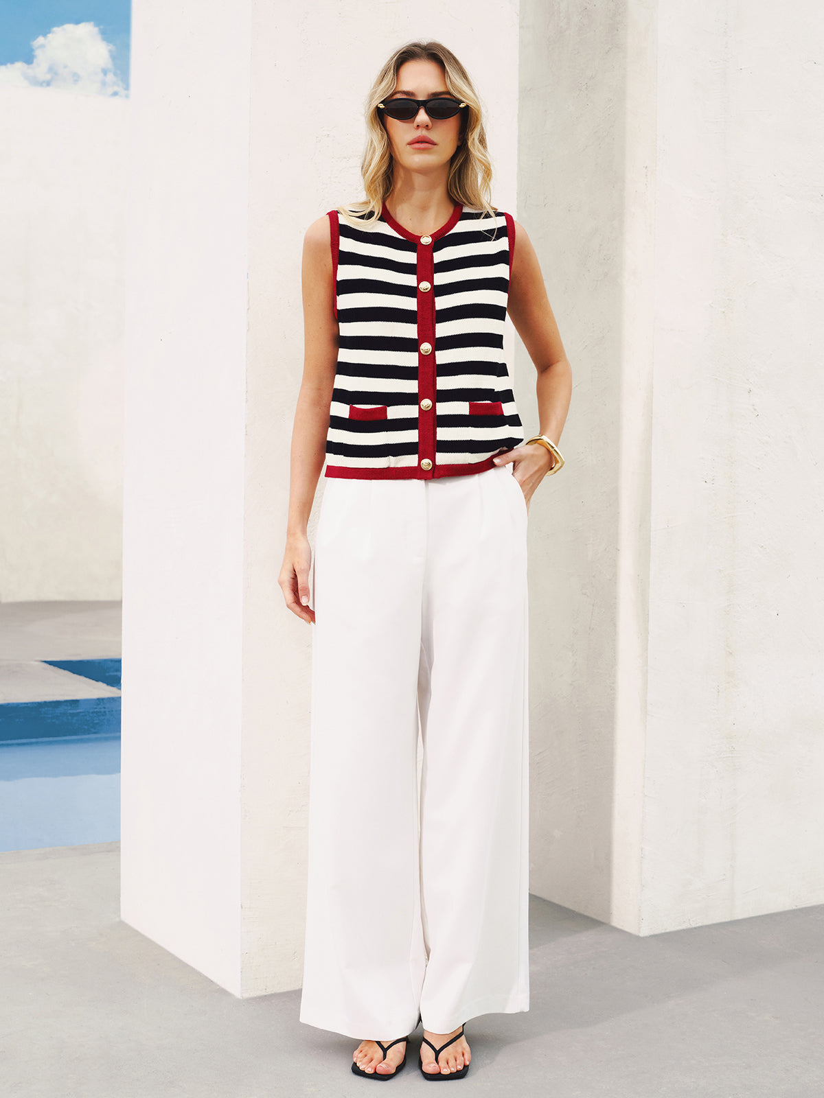 Striped Sleeveless Buttoned Sweater Vest