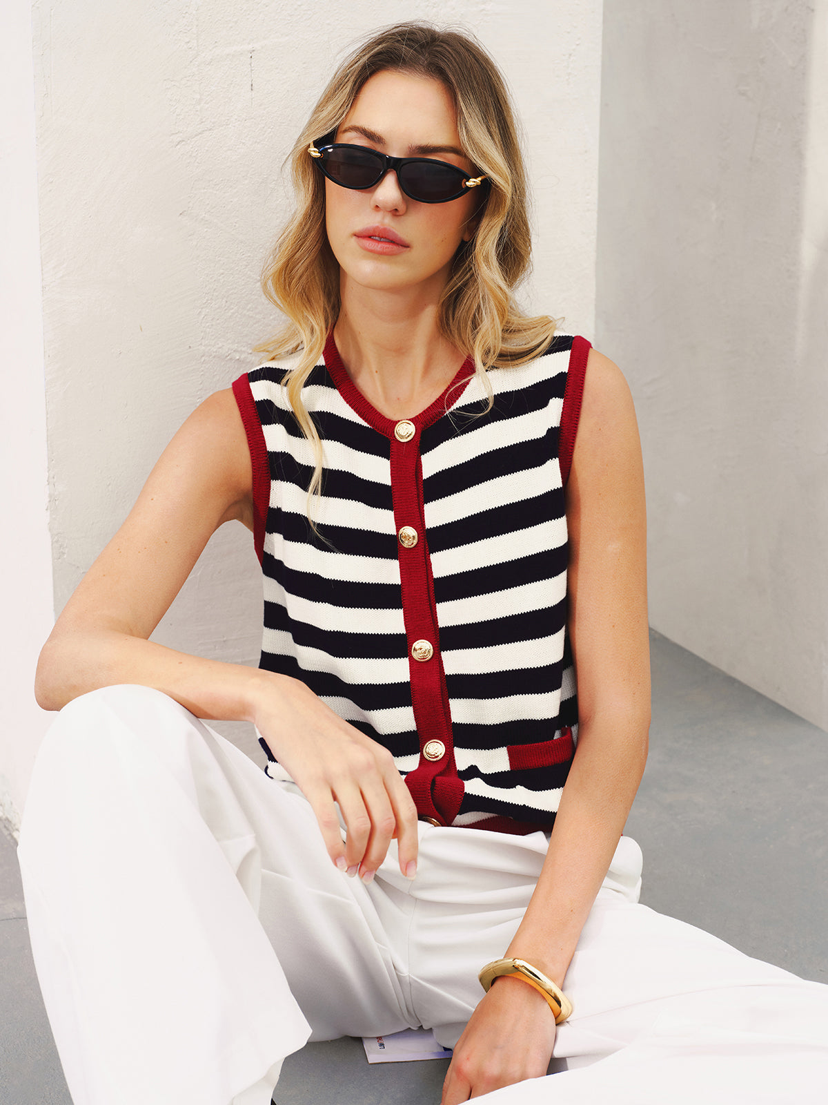 Striped Sleeveless Buttoned Sweater Vest