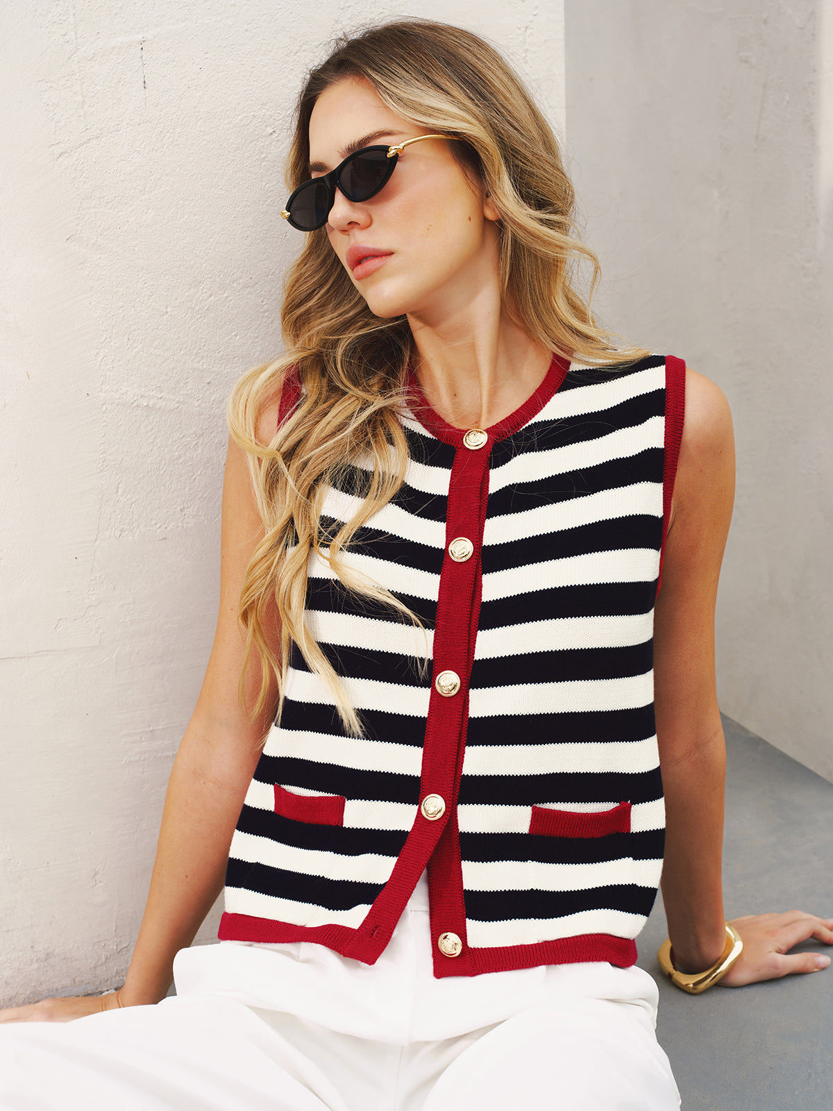 Striped Sleeveless Buttoned Sweater Vest