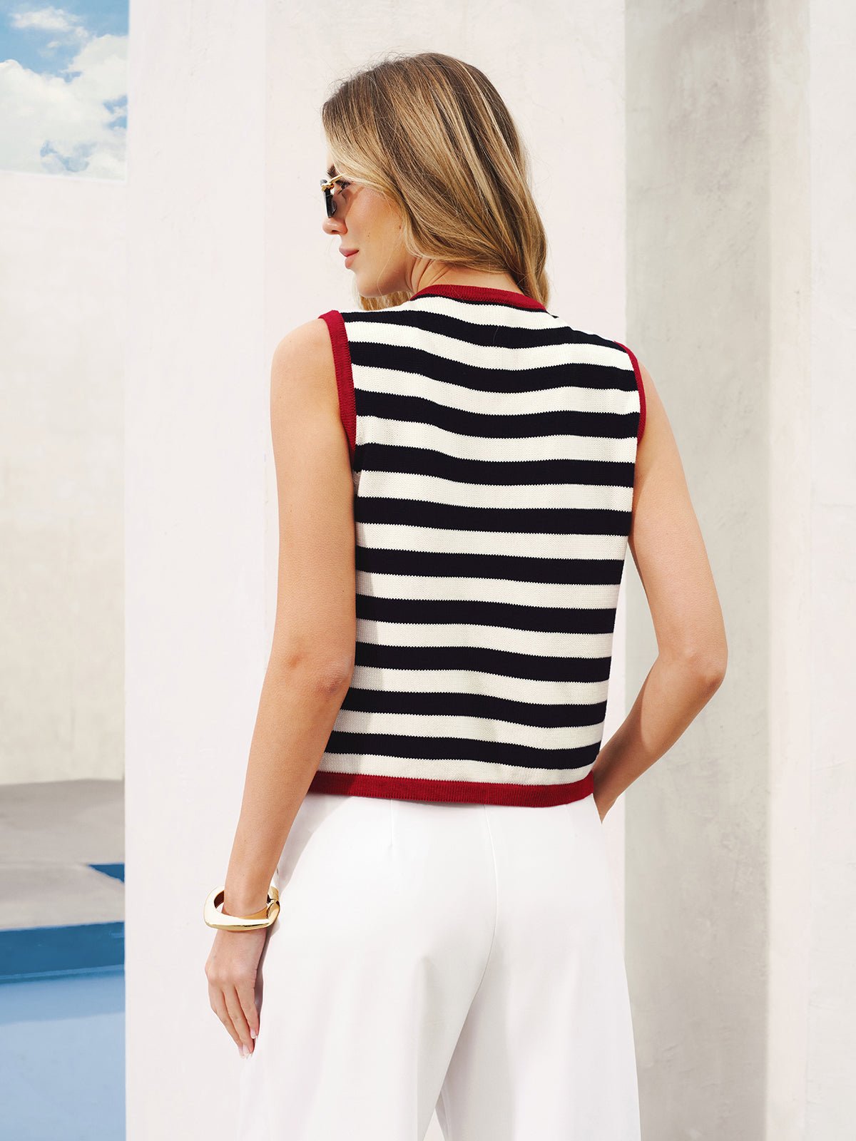 Striped Sleeveless Buttoned Sweater Vest