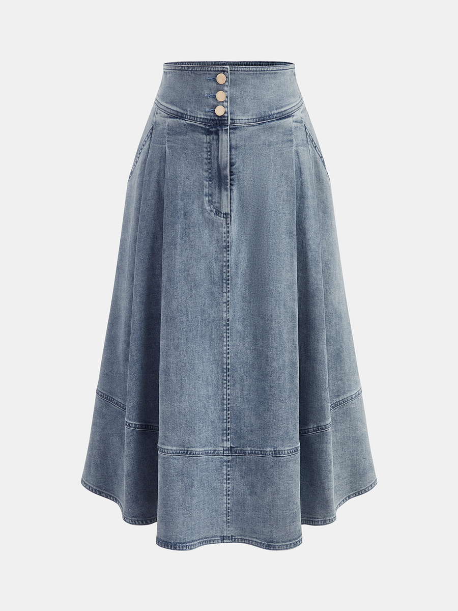 High Waisted Buttoned Flared Denim Skirt