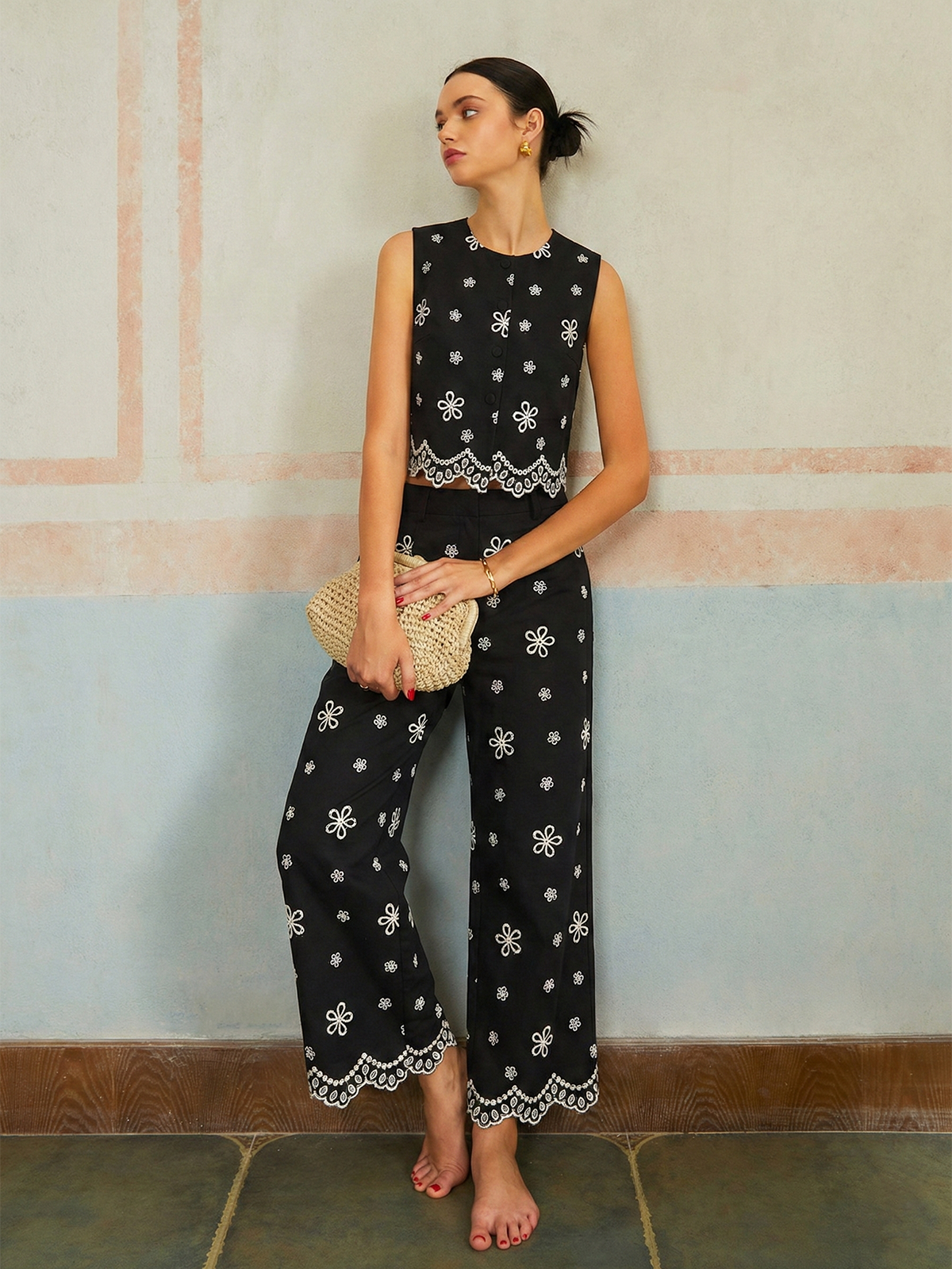 Embroidered Floral Cotton Top & Pants Set