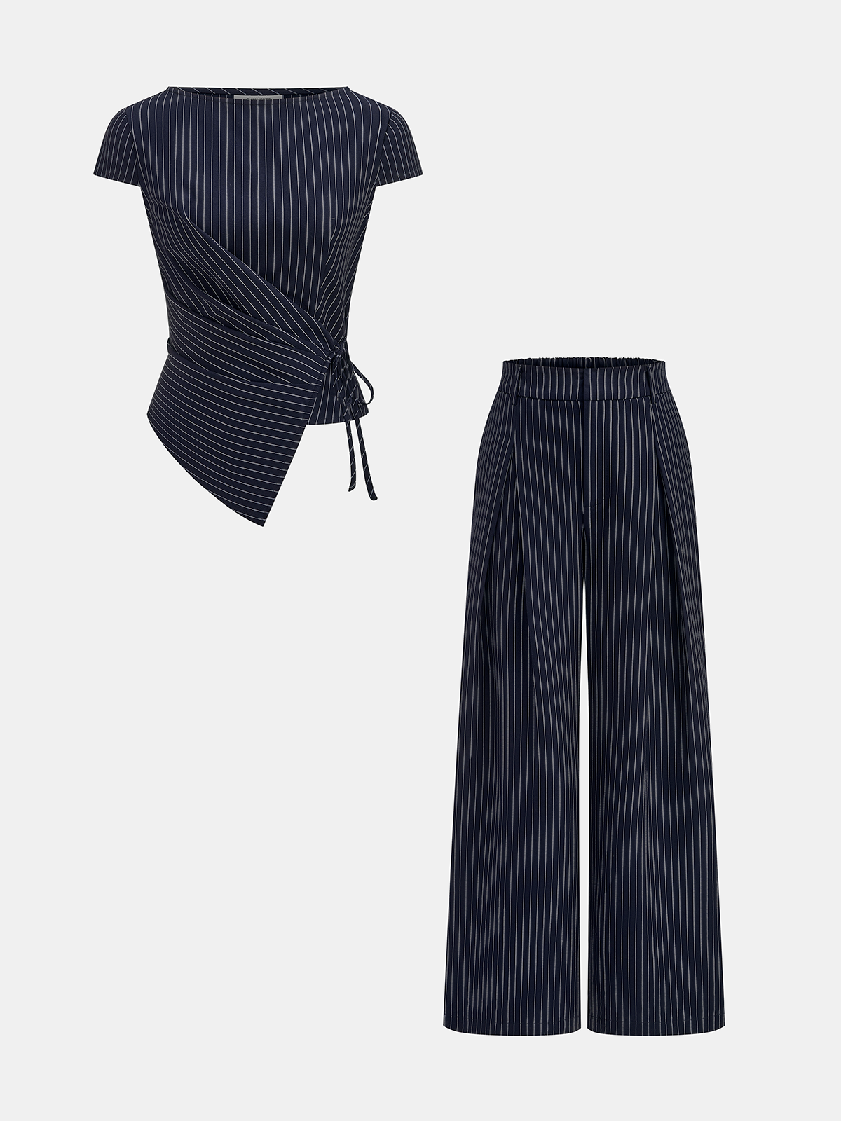 Pinstripe Wrap Tie Top & Wide-Leg Pants Set