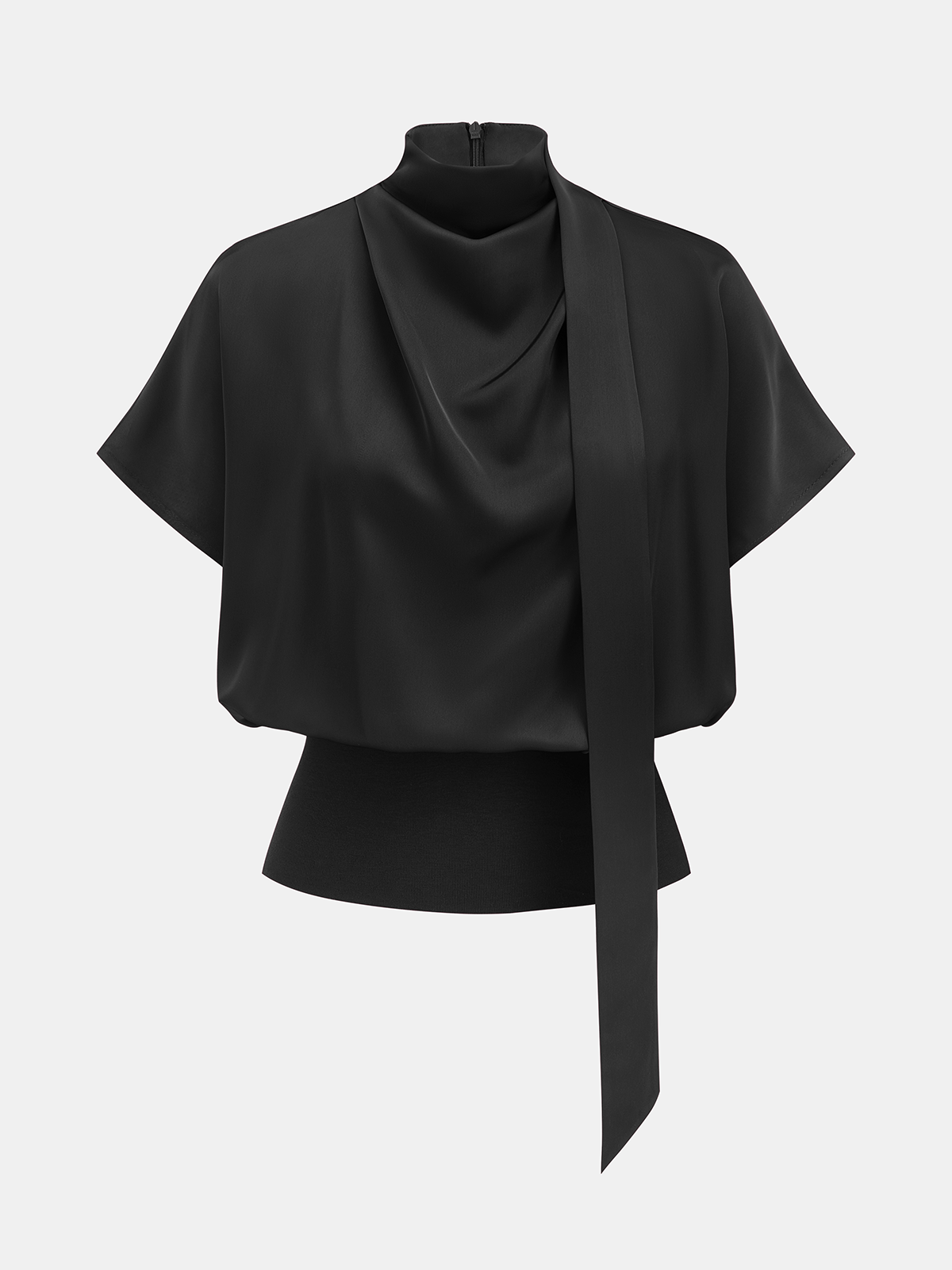 Draped Satin Mock Neck Blouse with Tie