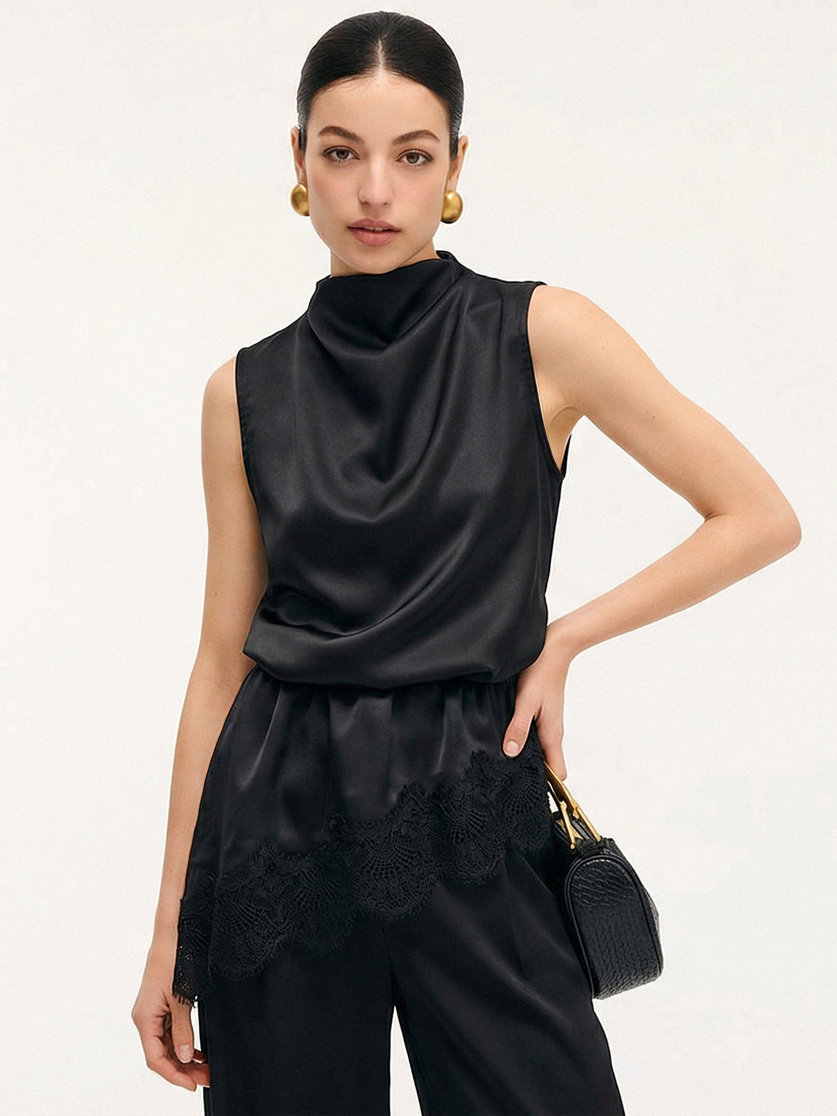 Lace Trim Satin Sleeveless Blouse