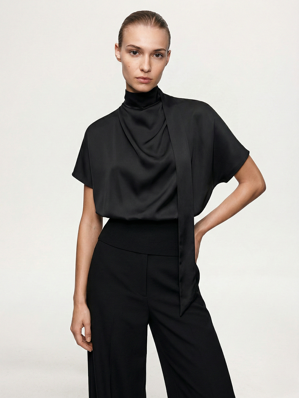 Draped Satin Mock Neck Blouse with Tie
