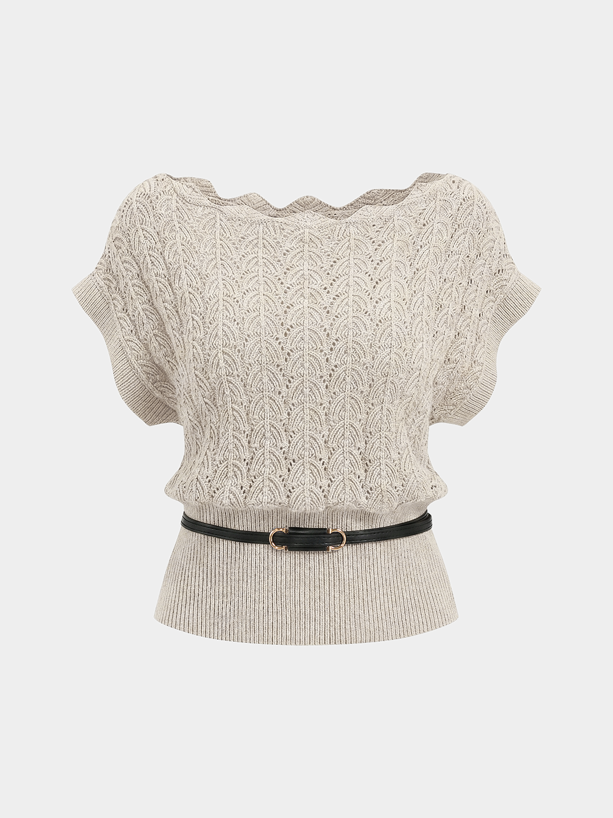 Scalloped Neck Belted Knit Top