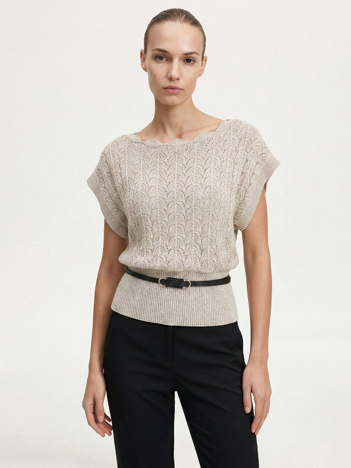 Scalloped Neck Belted Knit Top