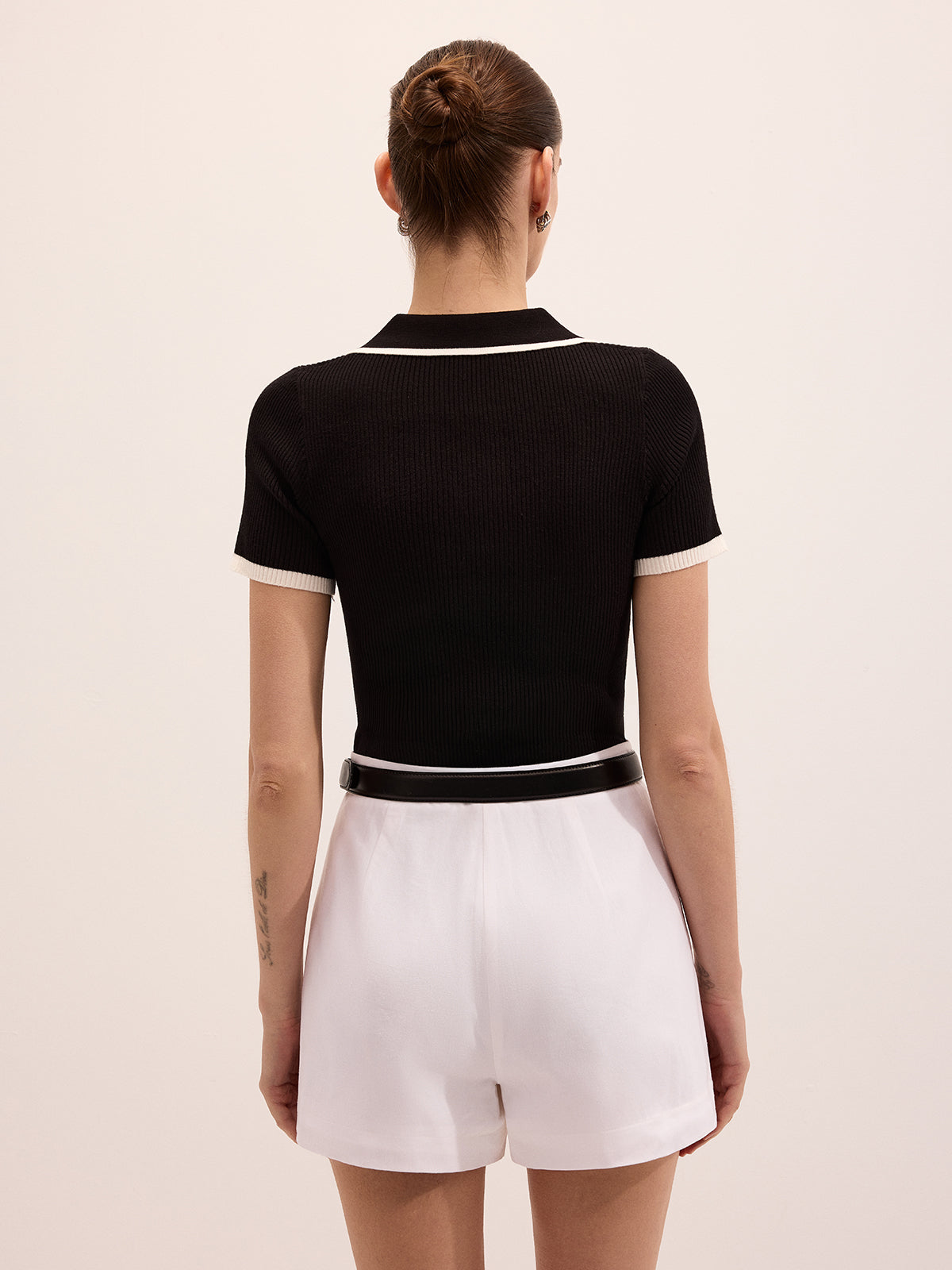 Ribbed Knit Short Sleeve Polo Top