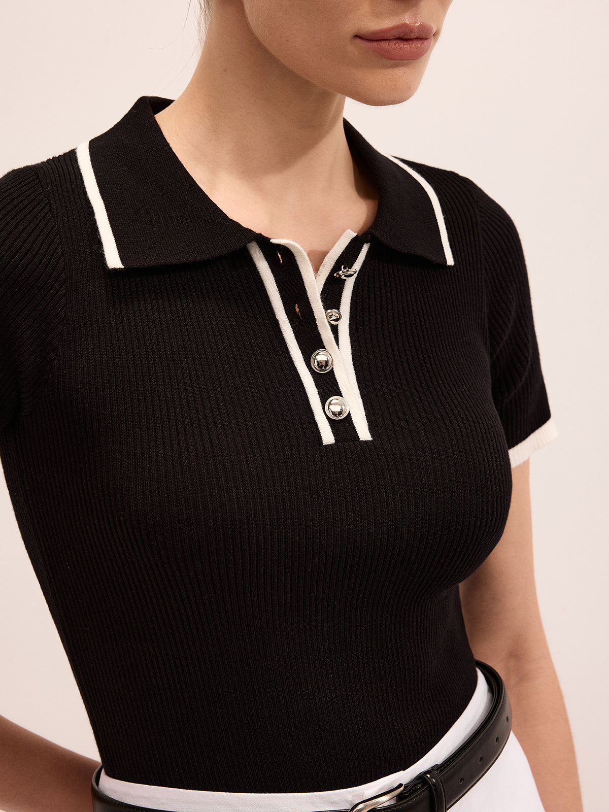 Ribbed Knit Short Sleeve Polo Top