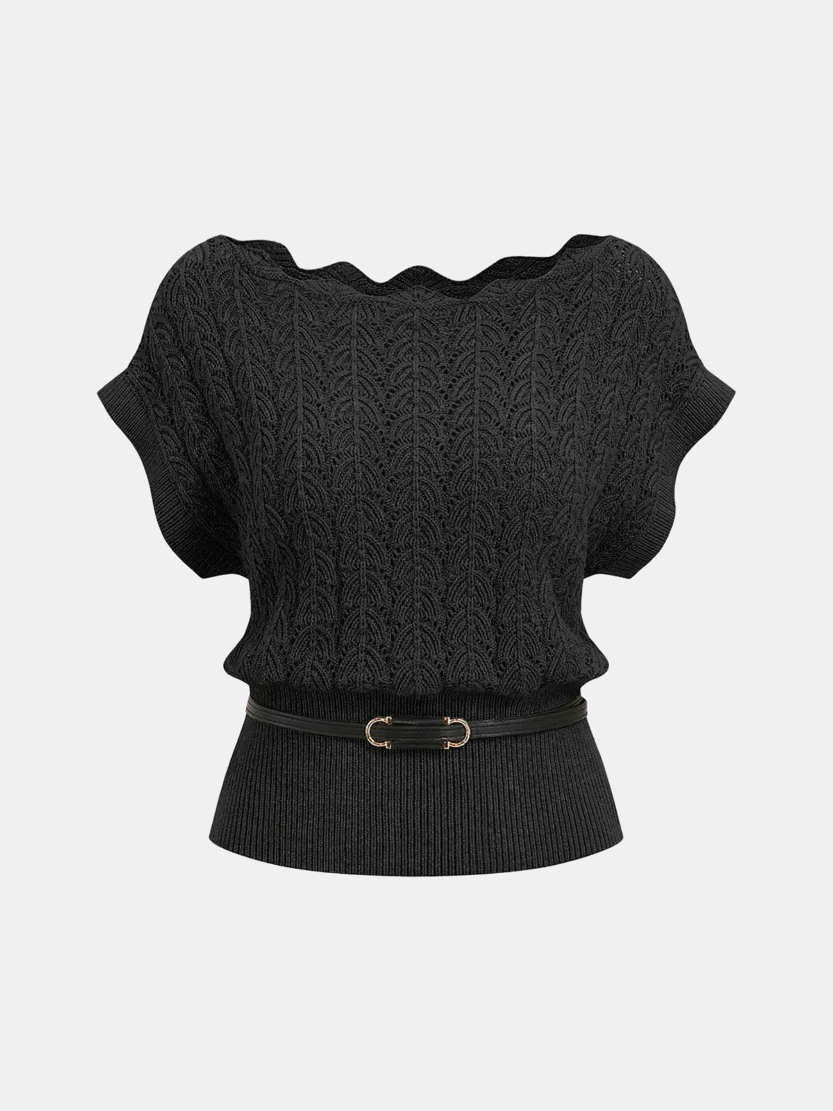Scalloped Neck Belted Knit Top