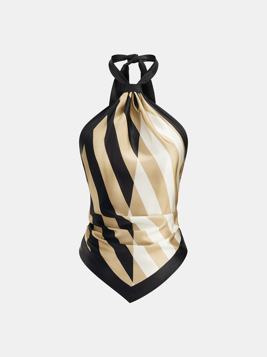 Geometric Striped Satin Halter Kerchief Top