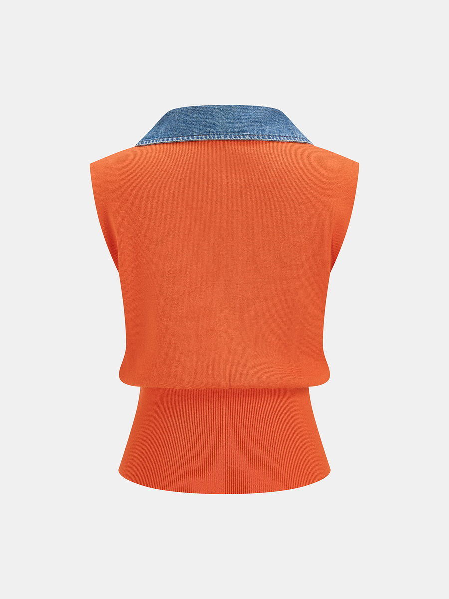Denim Collar Metal Button Sleeveless Knit Vest