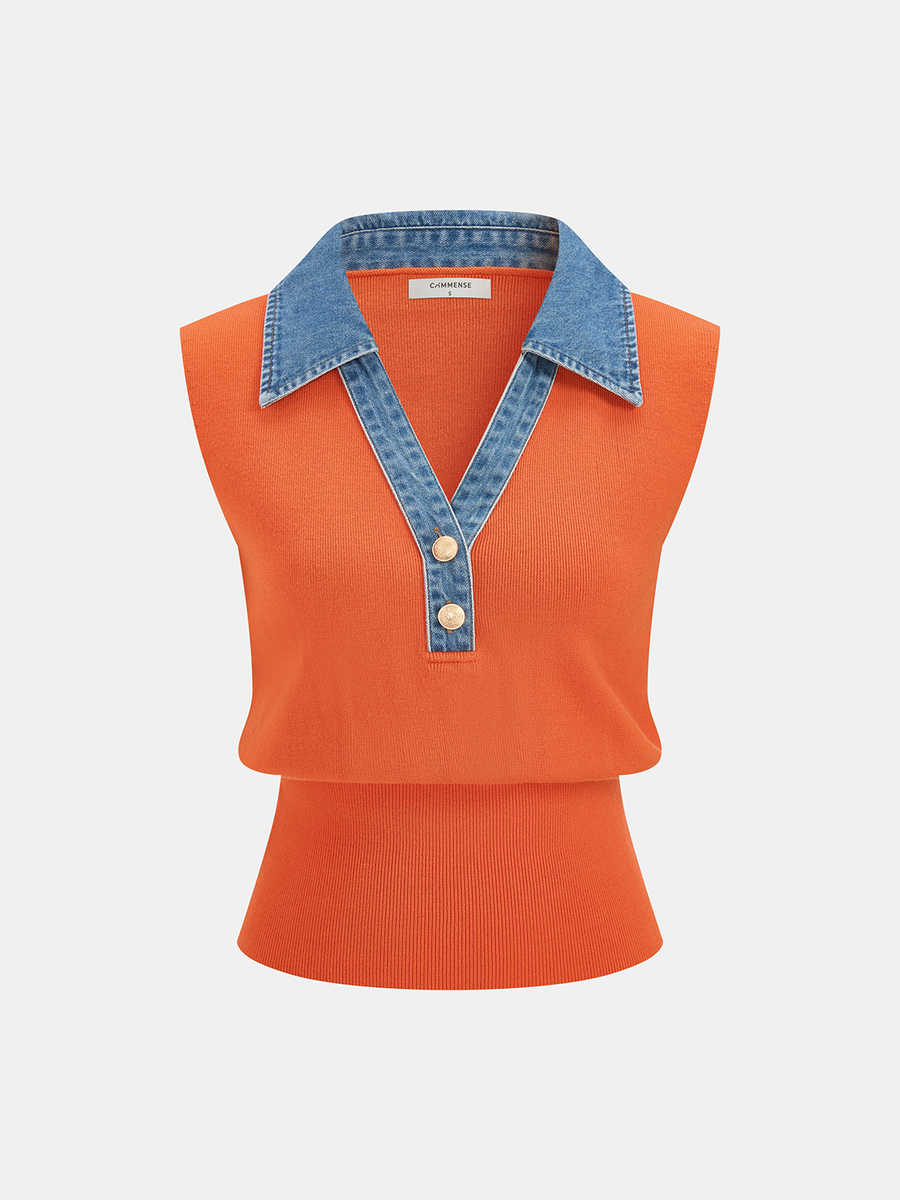 Denim Collar Metal Button Sleeveless Knit Vest