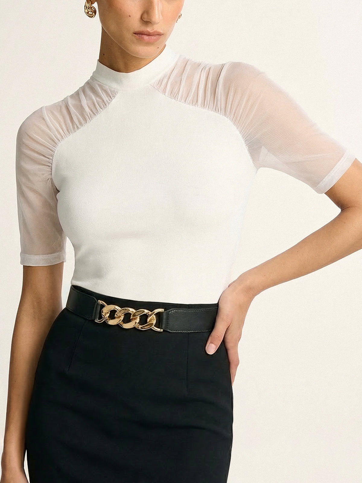 Mock Neck Mesh Sleeve Knit Top