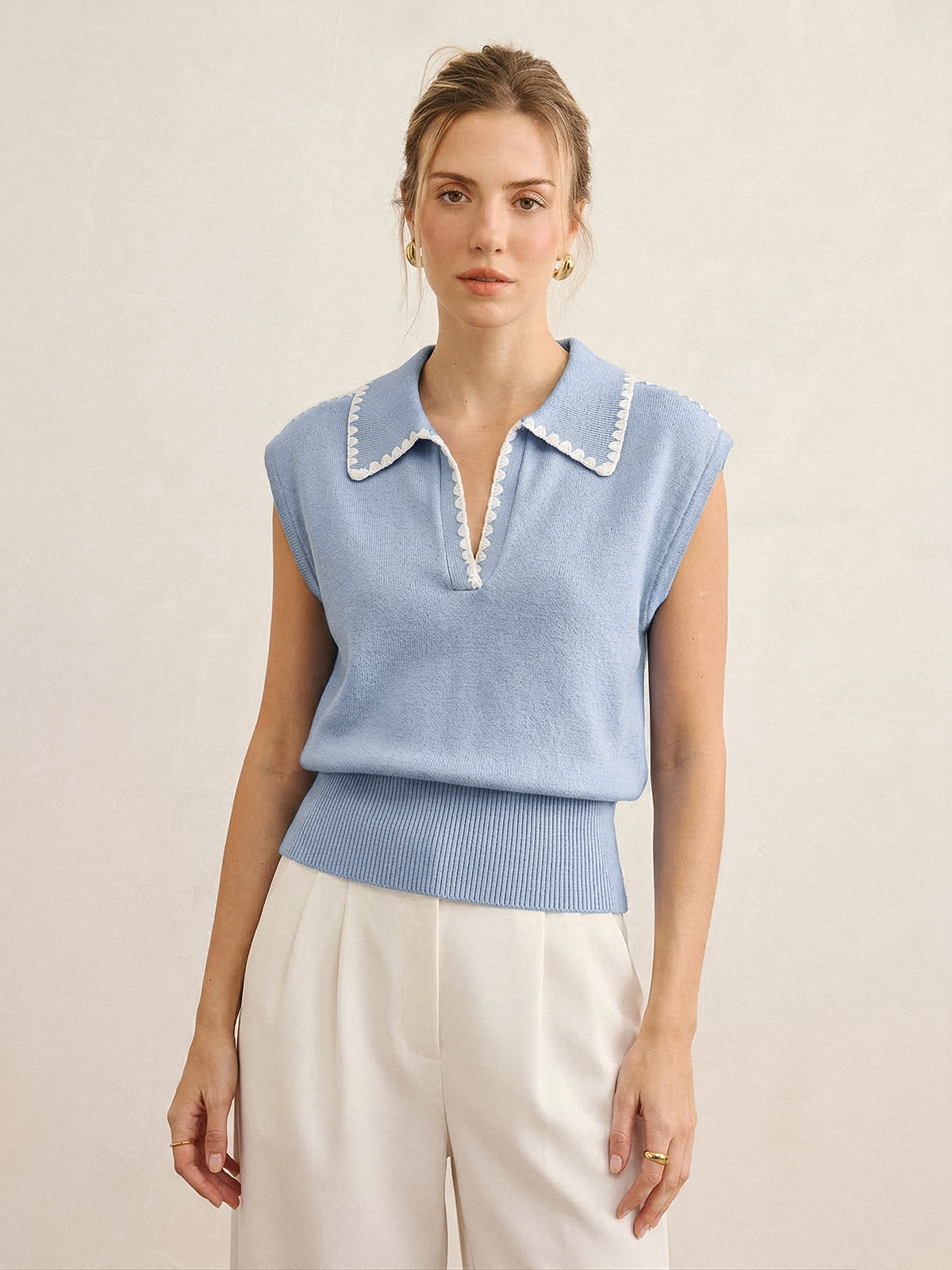 Contrast Trim Sleeveless Knit Polo Vest