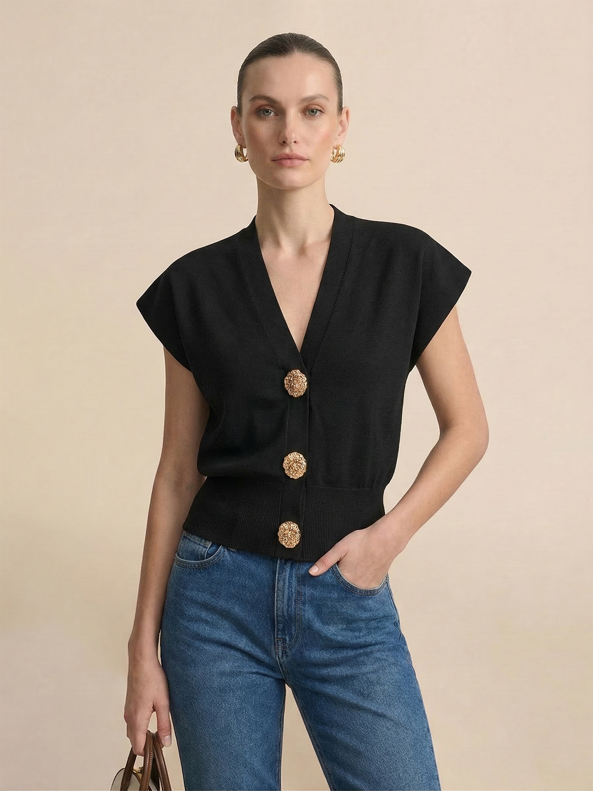 V-Neck Cap Sleeve Knit Top