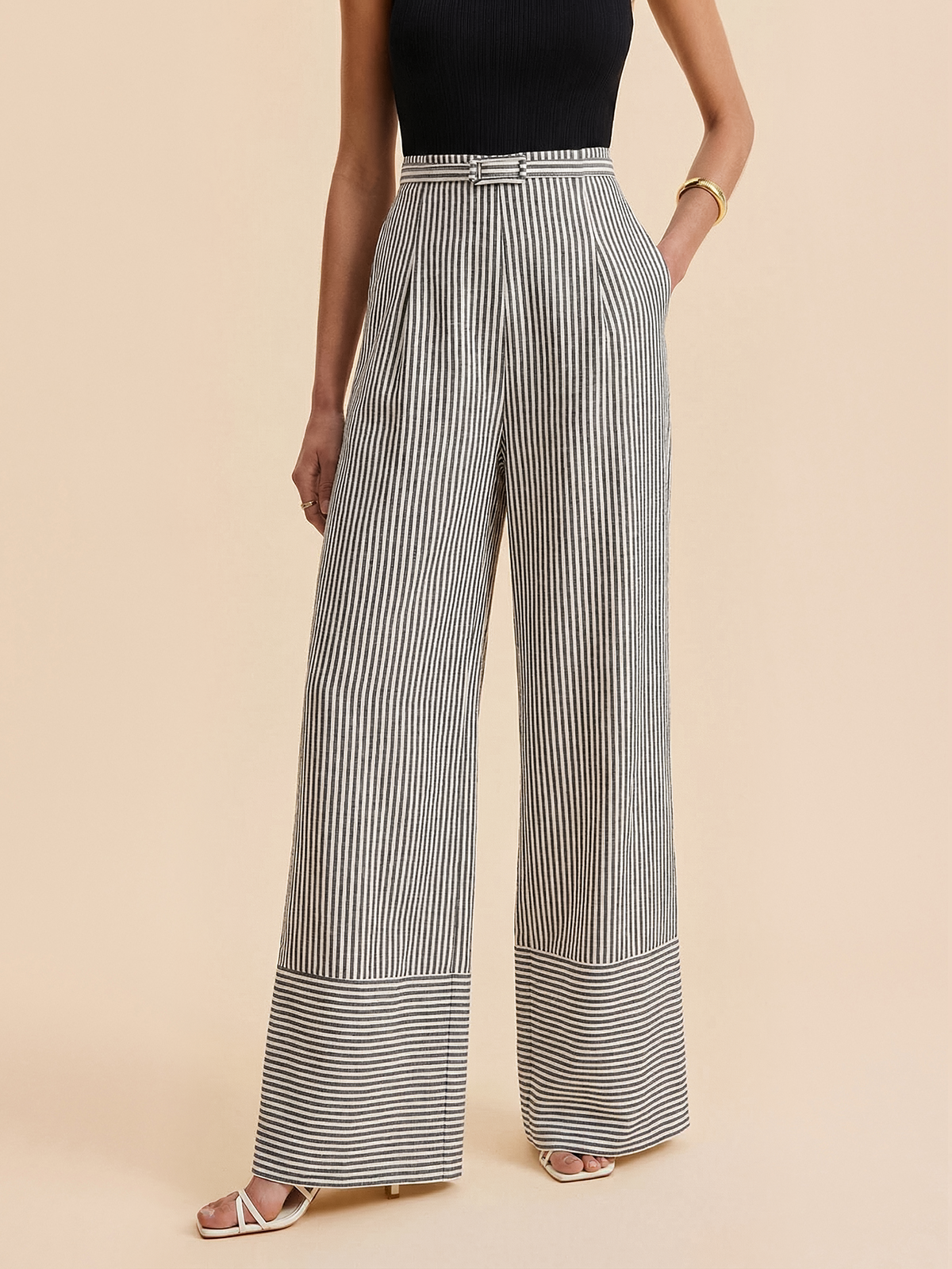 Belted Striped Wide-Leg Pants